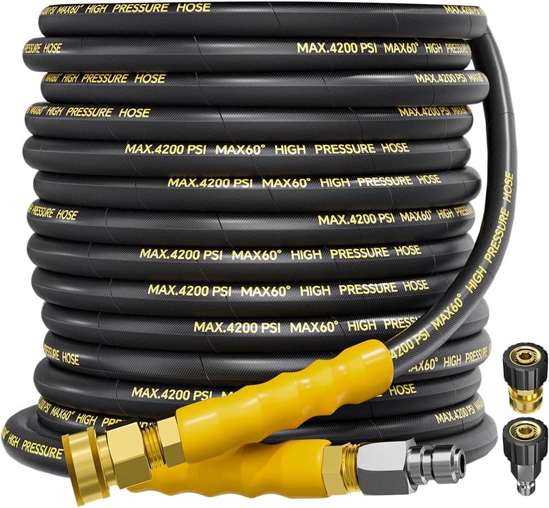 TechSweepPro 4200PSI Pressure Washer Hose 50FT with 3/8" Swivel Quick Connect for Cold/Hot Water, Kink Resistant Steel Wire Braided,1/4" Wear Resistant Power Washer Hose with 2 M22 14mm Adapter Set - Image 1